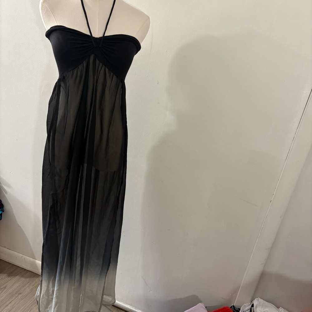 Raviya Strapless Sheer Maxi Cover Up Halter Sz S Black Gray Ombre Side Slit